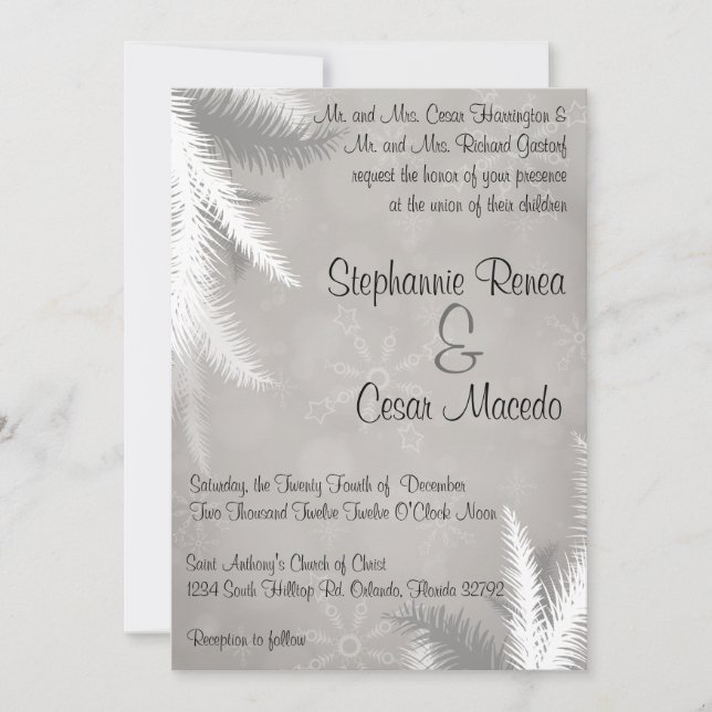 5 x 7 Wedding Invitation Grey Snowflakes Winter (Front)