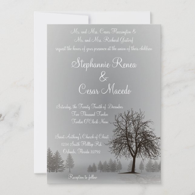5 x 7 Wedding Invitation Grey Winter Trees Snow (Front)