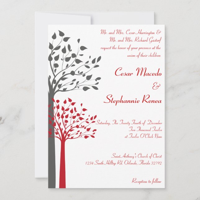 5 x 7 Wedding Invitation Winter Grey/Red Tree (Front)