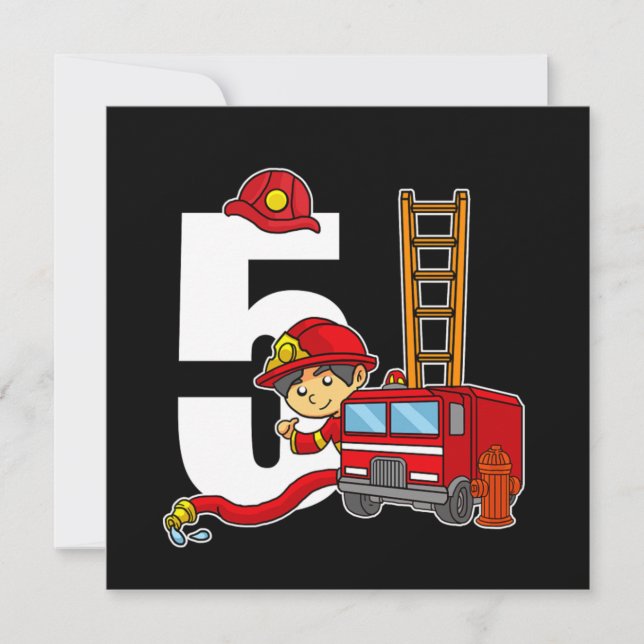 5 Year Firefighter Bday Fire Truck 5th Birthday Invitation (Front)