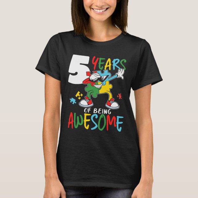 5 Year Old Birthday Autistic Boy Girl Autism Aware T-Shirt (Front)
