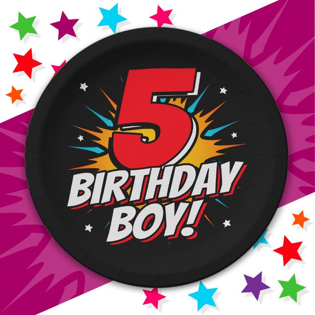 5 Year Old Superhero Birthday Boy 5th Birthday Paper Plate (Creator Uploaded)