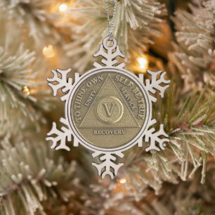 5 Year Sober Anniversary Medallion Snowflake Pewter Christmas Ornament