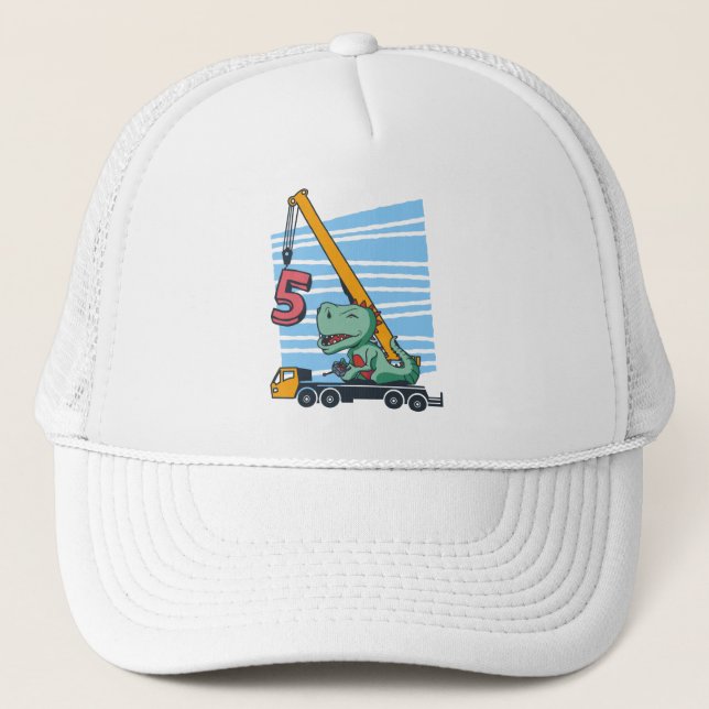 5 years 5th Birthday Mobile Crane Dinosaur Trucker Hat (Front)