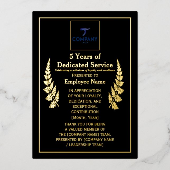 5 Years of Dedicated Service Award Custom Foil  Foil Holiday Card (Front)