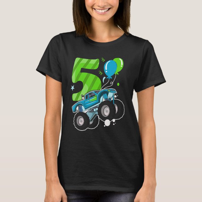 5 Years Old Kid Monster Truck Birthday Party T-Shirt (Front)
