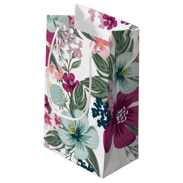 5lx3wx8.5h Small Gift Bag Tropical Flowers on Whit (Back Angled)