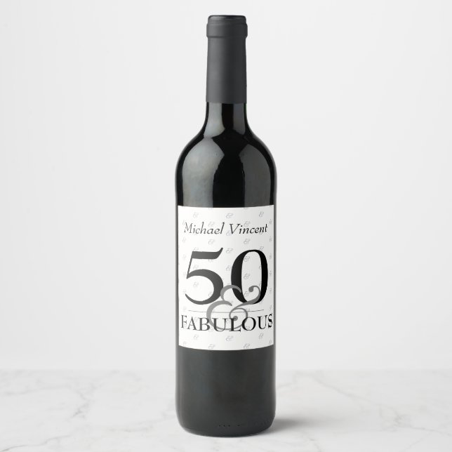 5O and Fabulous black and White modern Birthday Wine Label (Front)