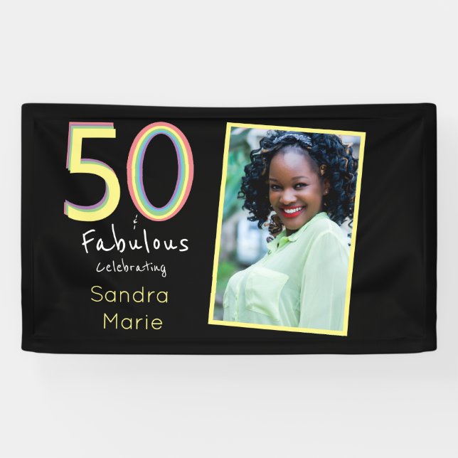 5O and Fabulous black Yellow Rainbow Chic Birthday Banner (Horizontal)