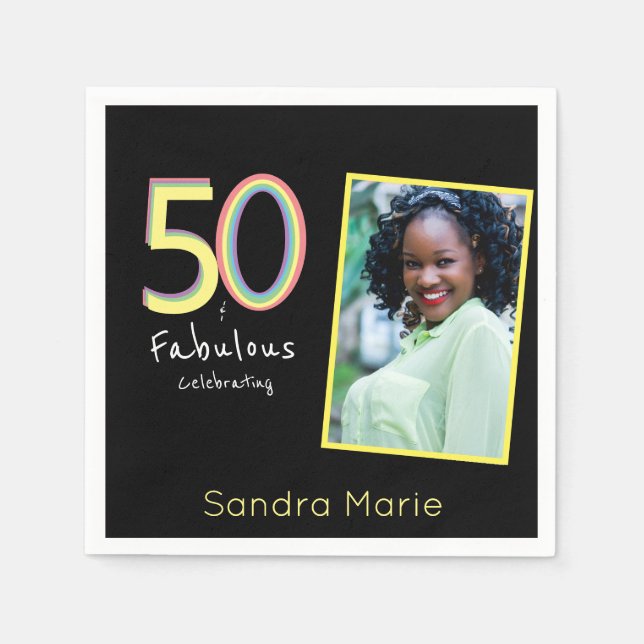 5O and Fabulous black Yellow Rainbow Chic Birthday Napkin (Front)
