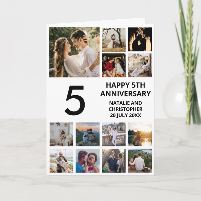 5th Anniversary 13 Photo Collage Black and White Card (Front)