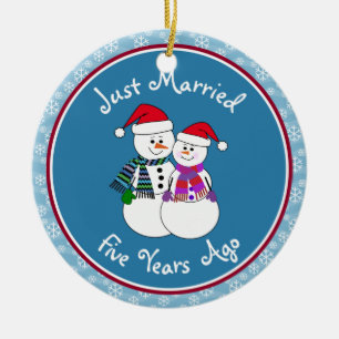 5th Anniversary Gift Fun Snow Couple Christmas Ceramic Ornament