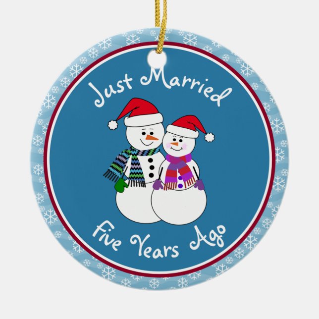 5th Anniversary Gift Fun Snow Couple Christmas Ceramic Ornament (Front)