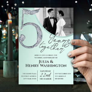 5th Anniversary Modern Photo Diamond Mint Green Invitation