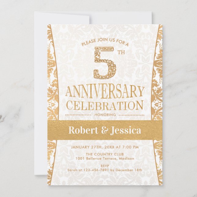5th Anniversary Party - Gold White Invitation (Front)
