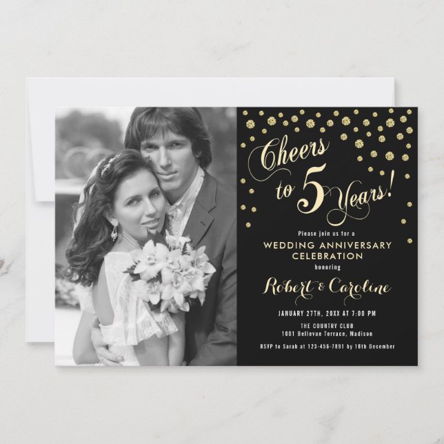 5th Anniversary with Photo - Gold Black Invitation (Front)