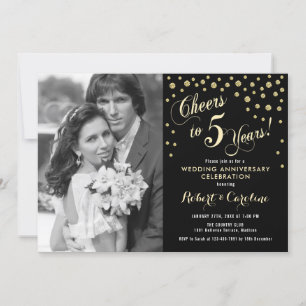 5th Anniversary with Photo - Gold Black Invitation