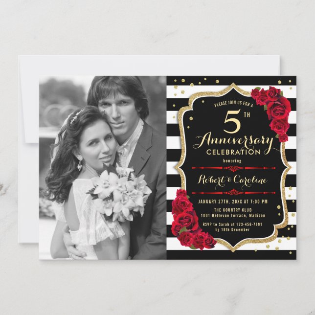 5th Anniversary with Photo - Gold Black Red Invitation (Front)