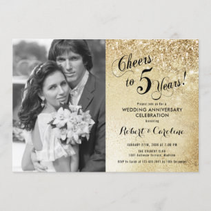 5th Anniversary with Photo - Gold Invitation