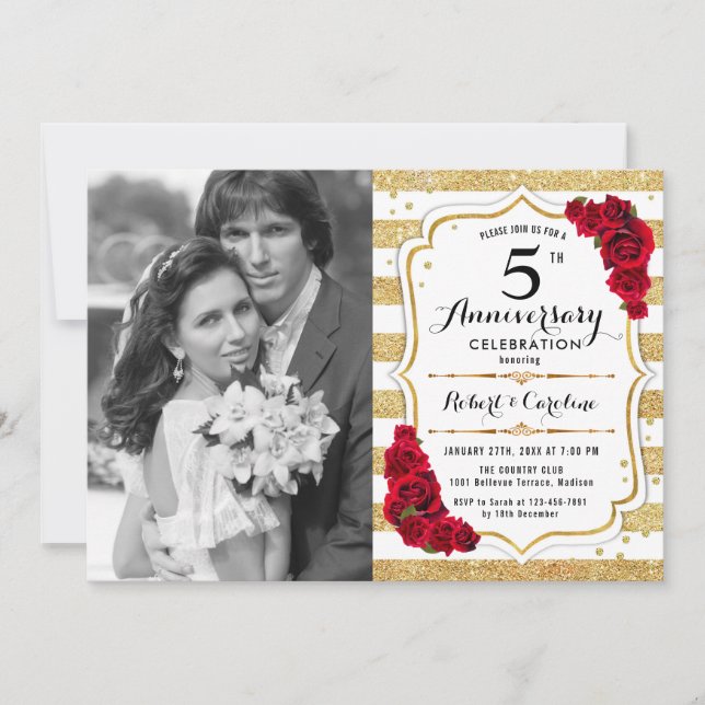5th Anniversary with Photo - Red Gold White Invitation (Front)