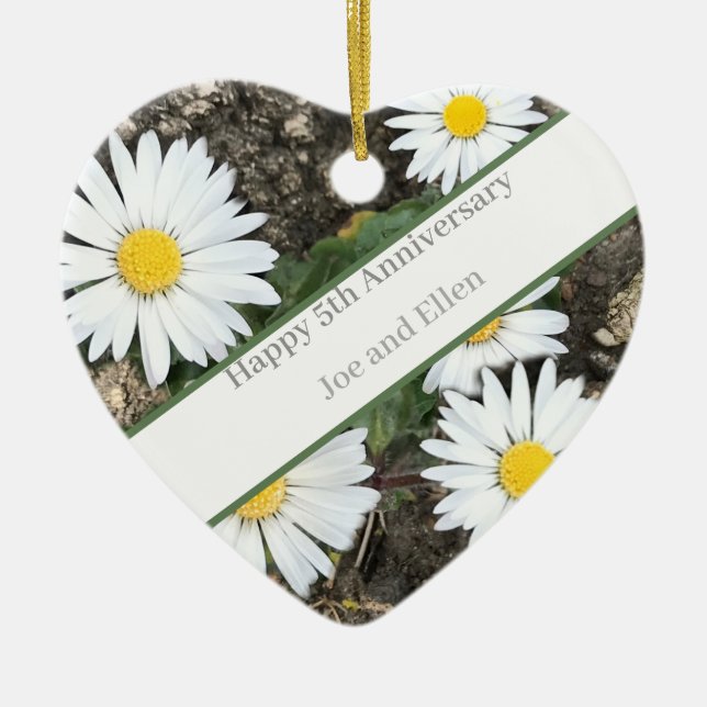 5th Anniversary, Wood and Daisies editable Ceramic Ornament (Front)