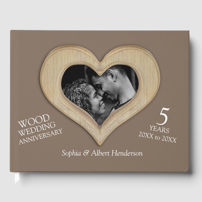 5th anniversary wood photo heart brown guest book (Front)