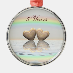 5th Anniversary Wooden Hearts Metal Ornament