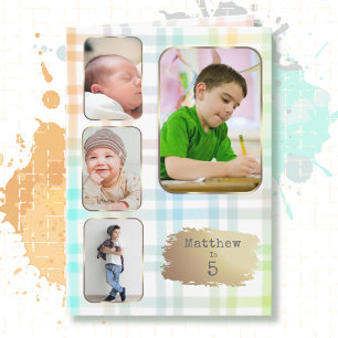 5th Birthday 4 Picture Collage Plaid for Him Card