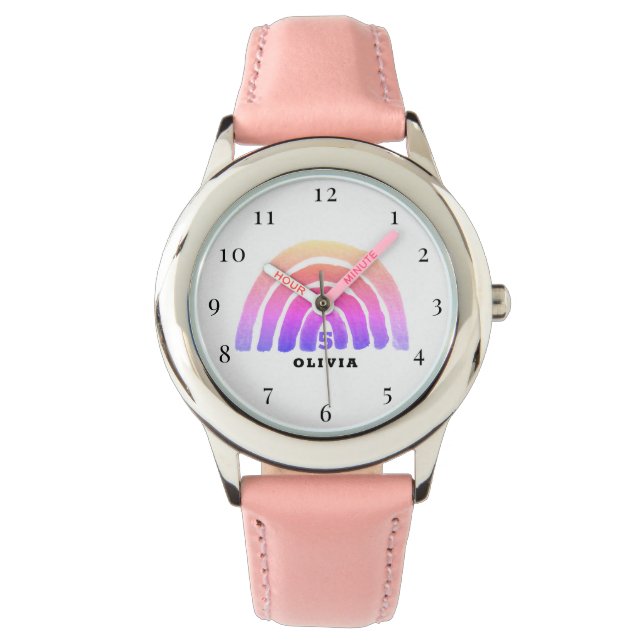 5th Birthday 5 Years old Girl Pink Rainbow Boho Watch (Front)