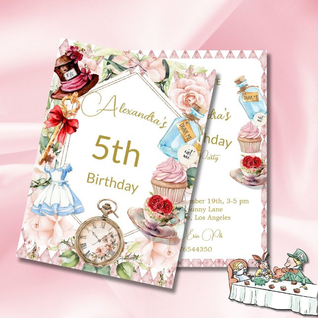 5th Birthday Alice In Wonderland Pink Floral Invitation (Creator Uploaded)
