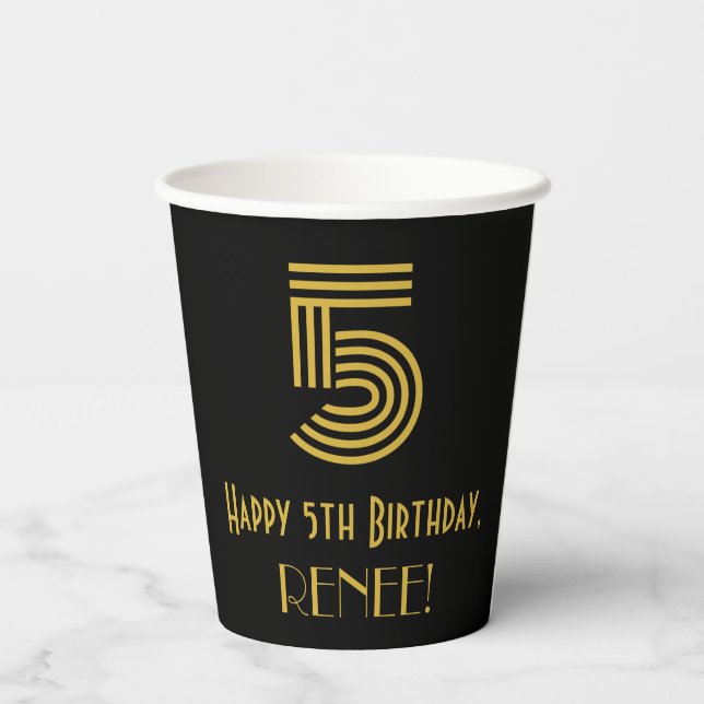 5th Birthday: Art Deco Inspired Look “5” & Name Paper Cups (Back)