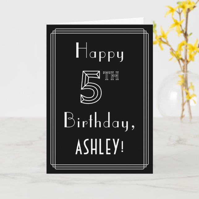 5th Birthday: Art Deco Style # 5 & Custom Name Card (Yellow Flower)