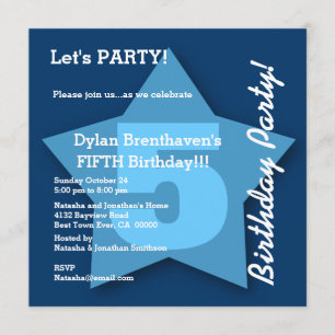 5th Birthday Baby Boy Five Year Big Blue Star K05 Invitation
