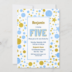 5th Birthday Blue and Gold Glitter Party Invitation