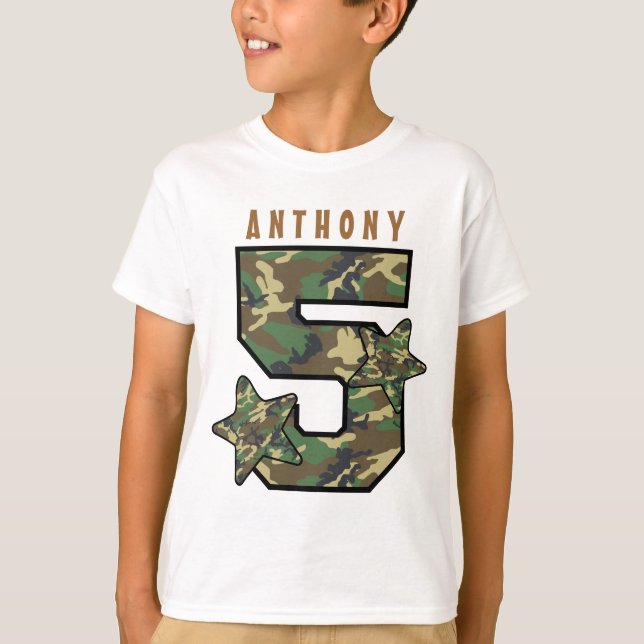 5th Birthday Boy Camo and Stars Custom Name V01E T-Shirt (Front)