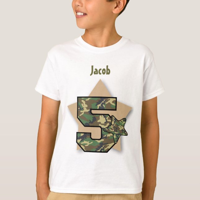 5th Birthday Boy Camo Custom Name with STARS V02 T-Shirt (Front)