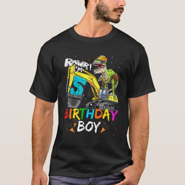 5Th Birthday Boy Excavator 5 Year Old Dinosaurs T T-Shirt (Front)