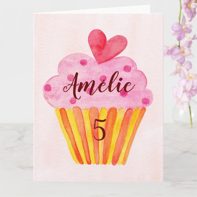 5th birthday card - cupcake watercolor (Orchid)