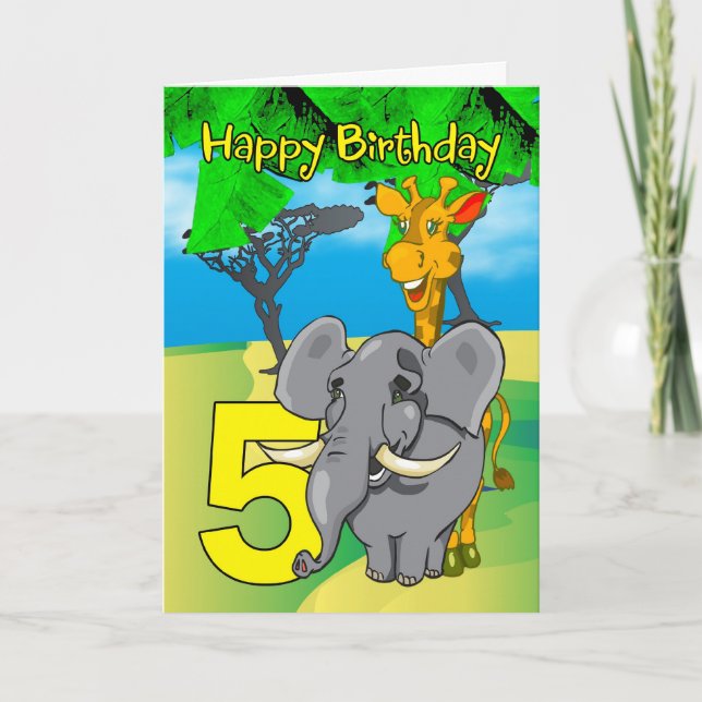 5th Birthday Card - Elephant, Giraffe, Jungle (Front)
