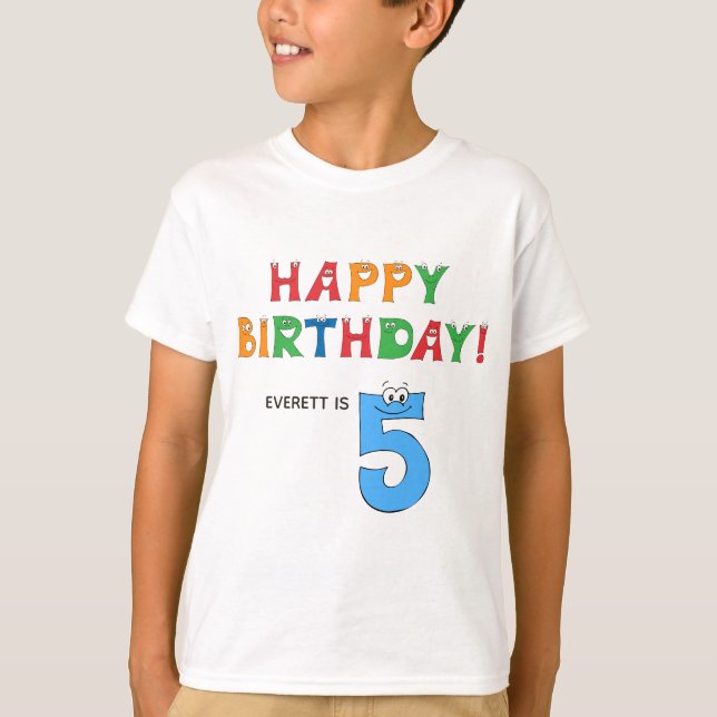 5th Birthday Colourful Alphabet with Name Kids T-Shirt (Front)