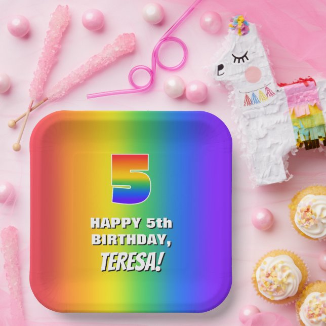 5th Birthday: Colourful, Fun Rainbow Pattern # 5 Paper Plate (Party)