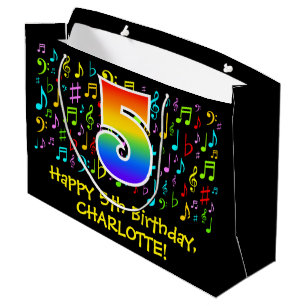 5th Birthday - Colourful Music Symbols, Rainbow 5 Large Gift Bag