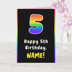 5th Birthday: Colourful Rainbow # 5, Custom Name Card