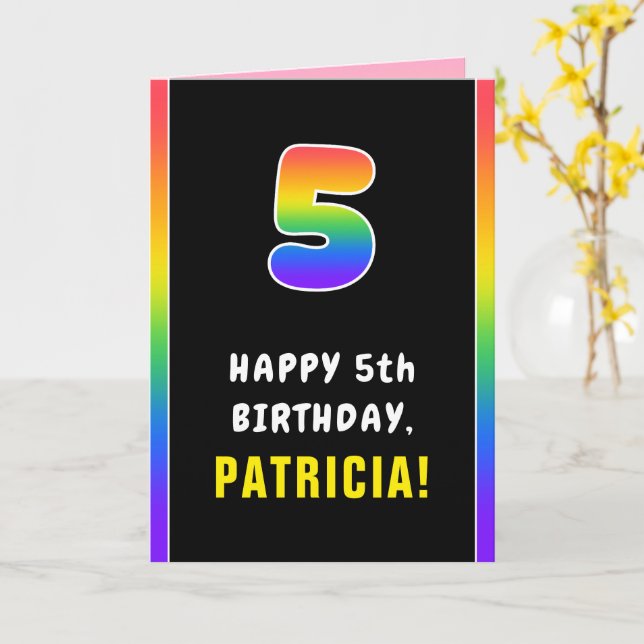 5th Birthday: Colourful Rainbow # 5, Custom Name Card (Yellow Flower)