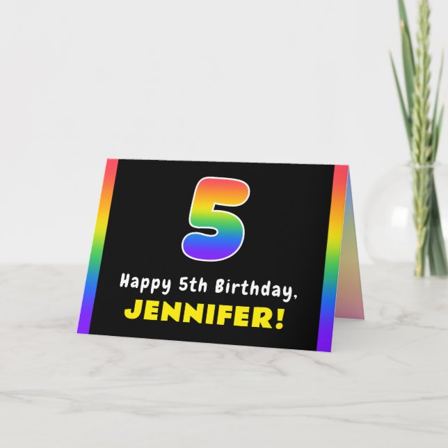 5th Birthday: Colourful Rainbow # 5, Custom Name Card (Front)