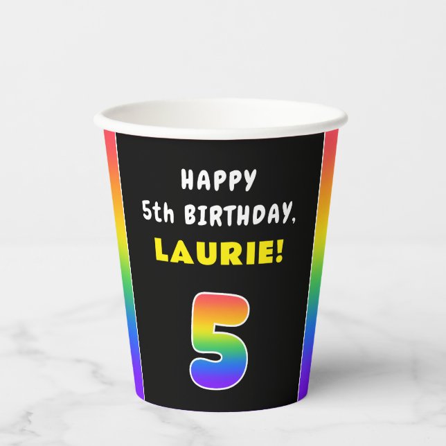 5th Birthday: Colourful Rainbow # 5, Custom Name Paper Cups (Front)