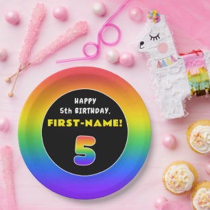 5th Birthday: Colourful Rainbow # 5, Custom Name Paper Plate