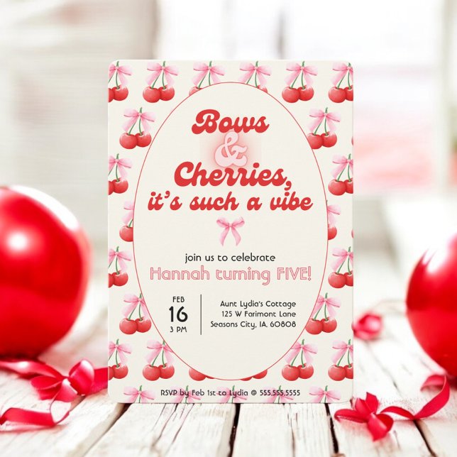 5th Birthday Coquette Cherries Bows Bubble Letters Invitation (Creator Uploaded)