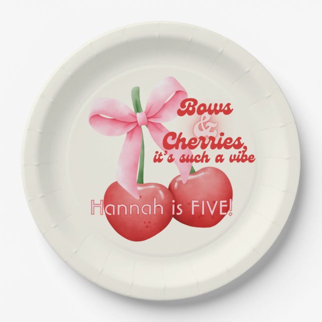 5th Birthday Coquette Cherries Bows Bubble Letters Paper Plate (Front)