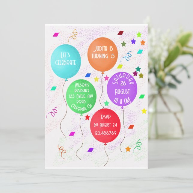 5th birthday counting colourful balloons invitation (Standing Front)
